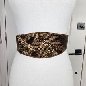 Carolyne Barton Beaded Statement Belt Brown Bronze Woven Wide Stretch Waist‎ S/M